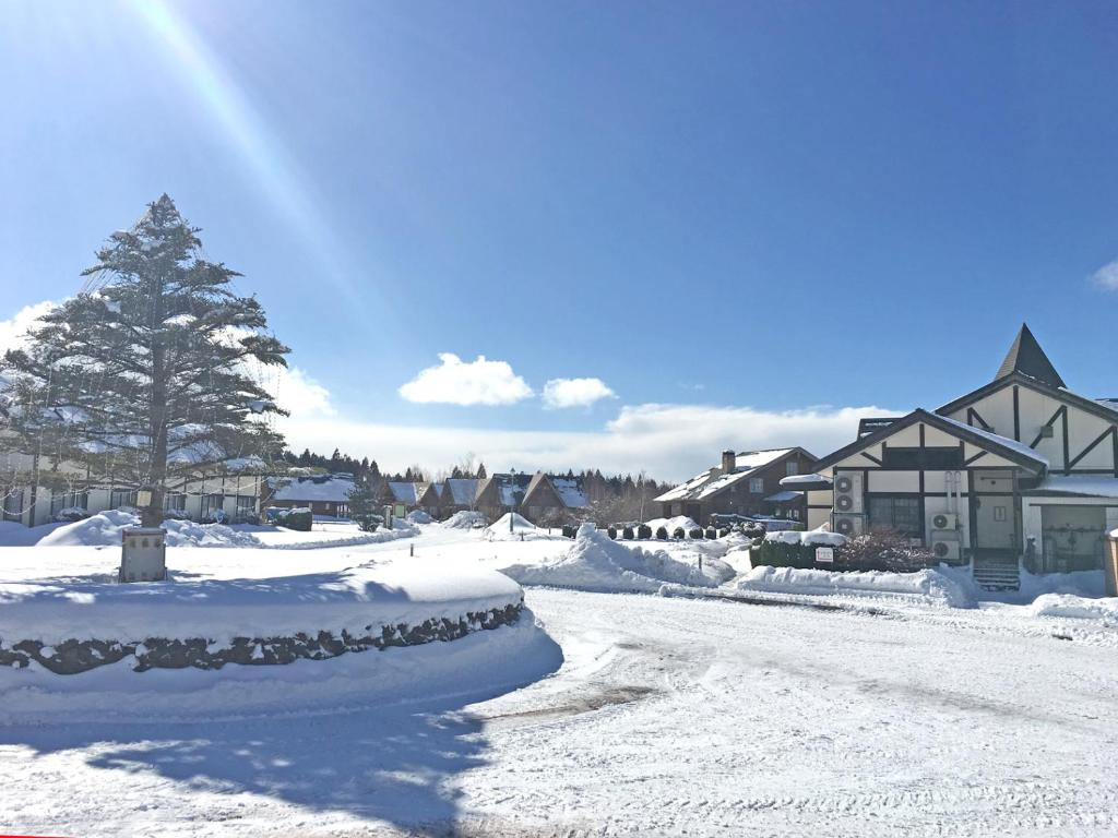 eine schneebedeckte Straße mit Häusern und einem Baum in der Unterkunft Awone Shirakami Juniko in Fukaura