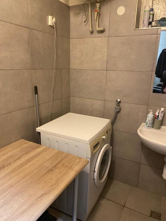 a bathroom with a washing machine and a sink at Ana Apartment in Prague