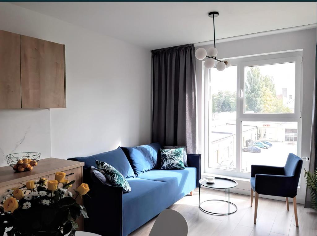 salon z niebieską kanapą i oknem w obiekcie Apartamenty Fuzja - Komfortowe Mieszkania Blisko Centrum Łodzi w Łodzi