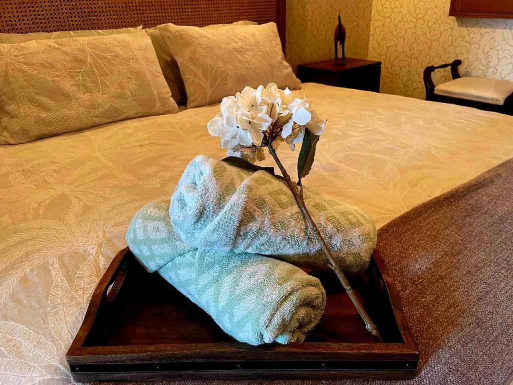 a tray with towels and a flower on a bed at The Gamekeepers Spa Cottage in Tamborine Mountain in Mount Tamborine