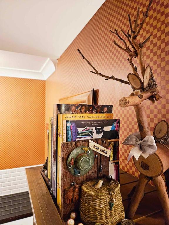 a room with a book shelf with books at The Gamekeepers Spa Cottage in Tamborine Mountain in Mount Tamborine