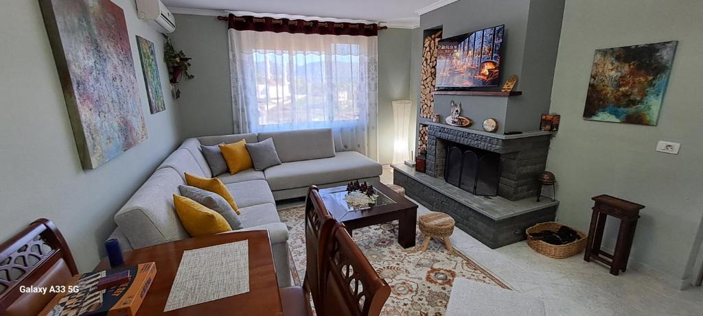 a living room with a couch and a fireplace at Tirana country apartment in Tirana
