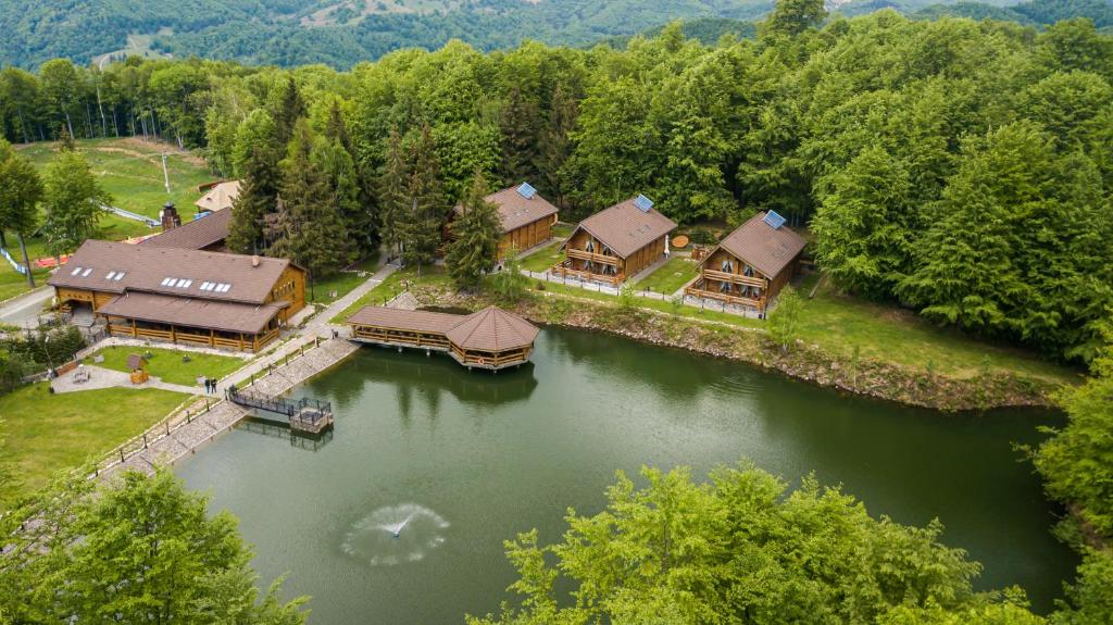 an aerial view of a house on a river at Turist Suior Cota 1000 in Baia-Sprie