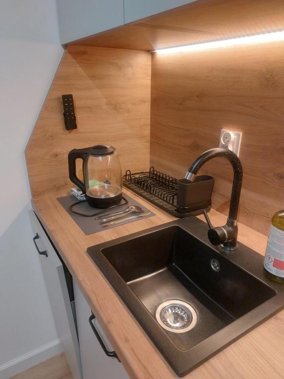 a kitchen counter with a sink and a tea kettle at Apartamenty Jaskółcza in Bydgoszcz