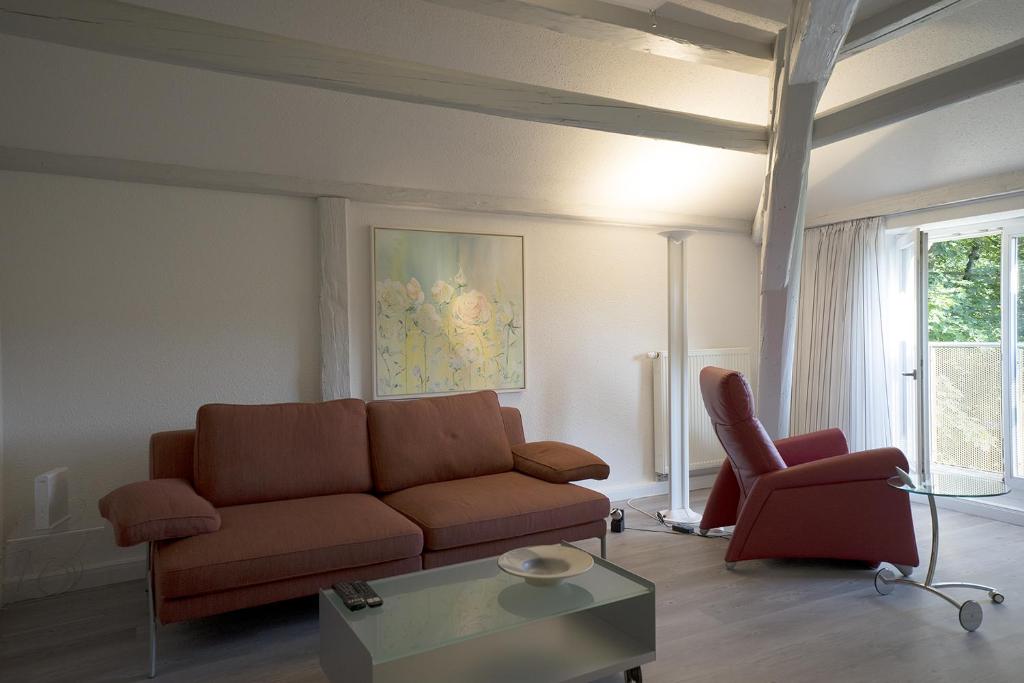 uma sala de estar com um sofá e uma cadeira em Brauhaus Suite 19 em Sebnitz