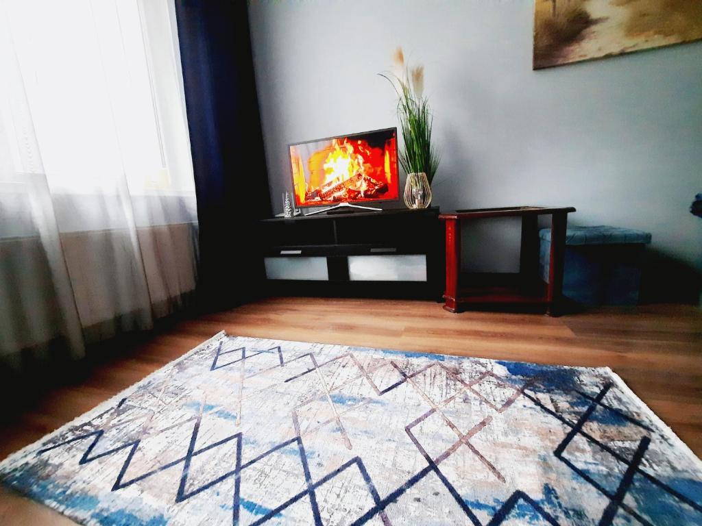 a living room with a fireplace and a rug at Light Apartment in Rīga