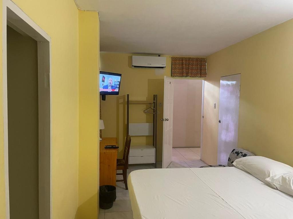 a bedroom with a white bed and a television at Pogas Inn in Kingston