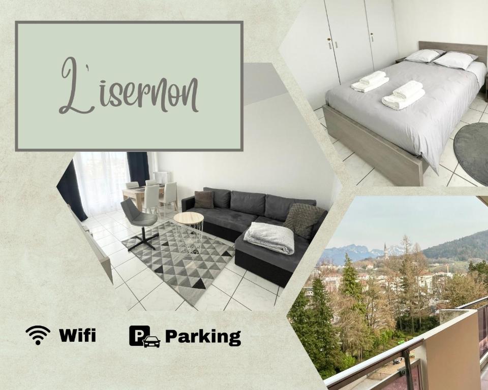 un collage d'images d'une chambre et d'un salon dans l'établissement L'Isernon - Spacieux T2 au bord de la rivière, à Annecy