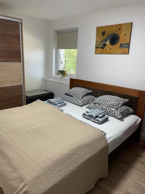 sypialnia z łóżkiem i oknem w obiekcie Pecslux w mieście Pecz