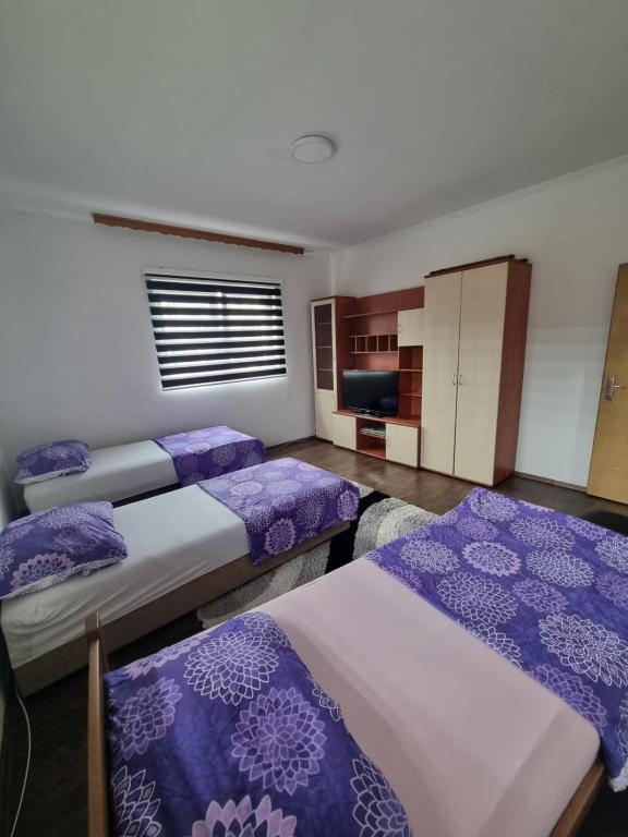 a bedroom with three beds with purple sheets at Apartman Vany in Tuzla