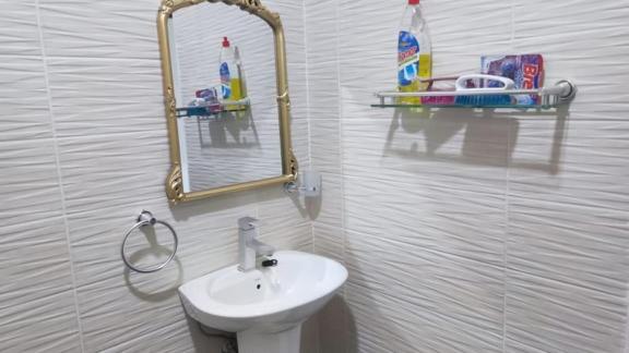 een badkamer met een wastafel en een spiegel bij Modern Haven in Tema