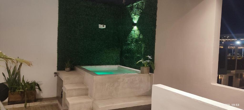a bath tub in a room with a green wall at Kika Studios in Playa del Carmen