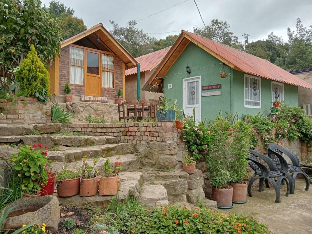 una pequeña casa con plantas delante en Hospedaje - Cabañas villa rosita, en Monguí
