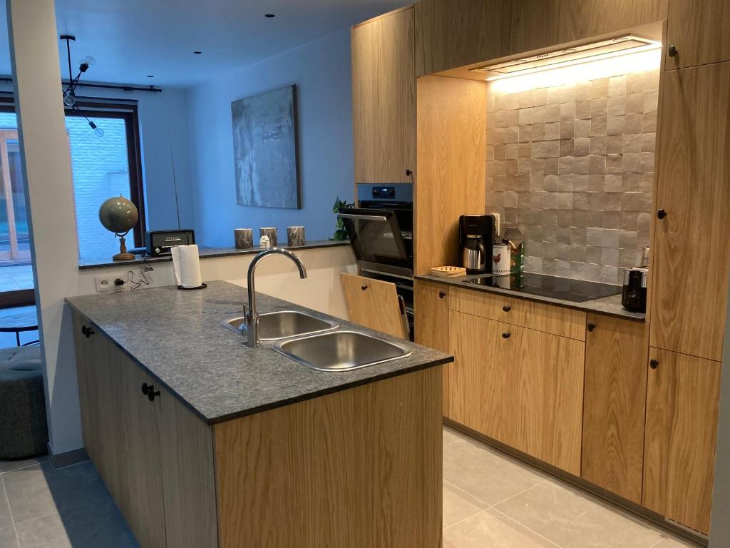 a kitchen with a sink and a counter top at Vakantiehuis En Passant in Diksmuide