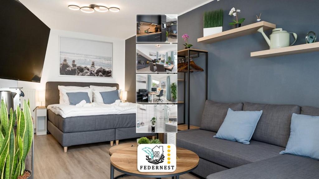 ein Wohnzimmer mit einem Bett und einem Sofa in der Unterkunft Federnest - Luxus-Studio - Kingsize Boxspringbett - Home-Office mit Monitor und Drucker - 11 Min Hbf in Duisburg