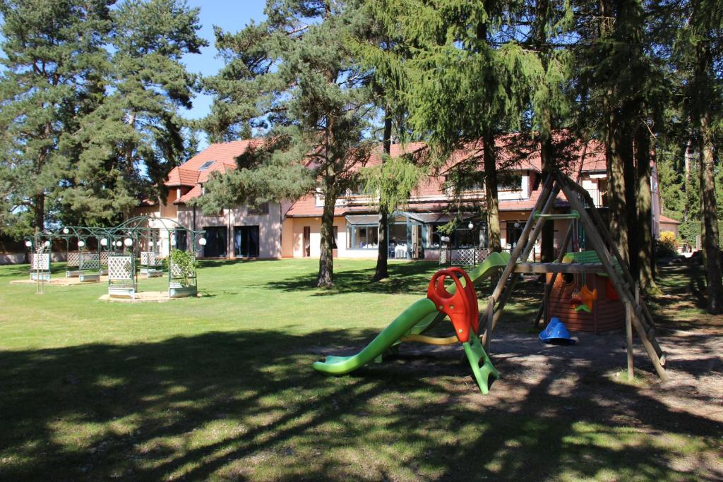 een speeltuin met een glijbaan in een park bij Hôtel Restaurant Logis La Méridienne in Anglards-de-Saint-Flour