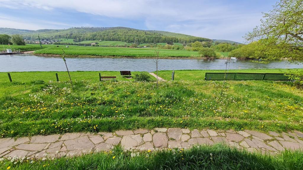 a park with two benches next to a river at Haus an der Weser in Oedelsheim