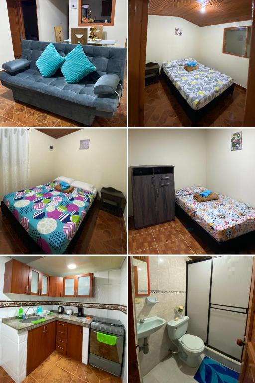 een collage van vier foto's van een kamer met twee bedden bij CrisKa House in Salento