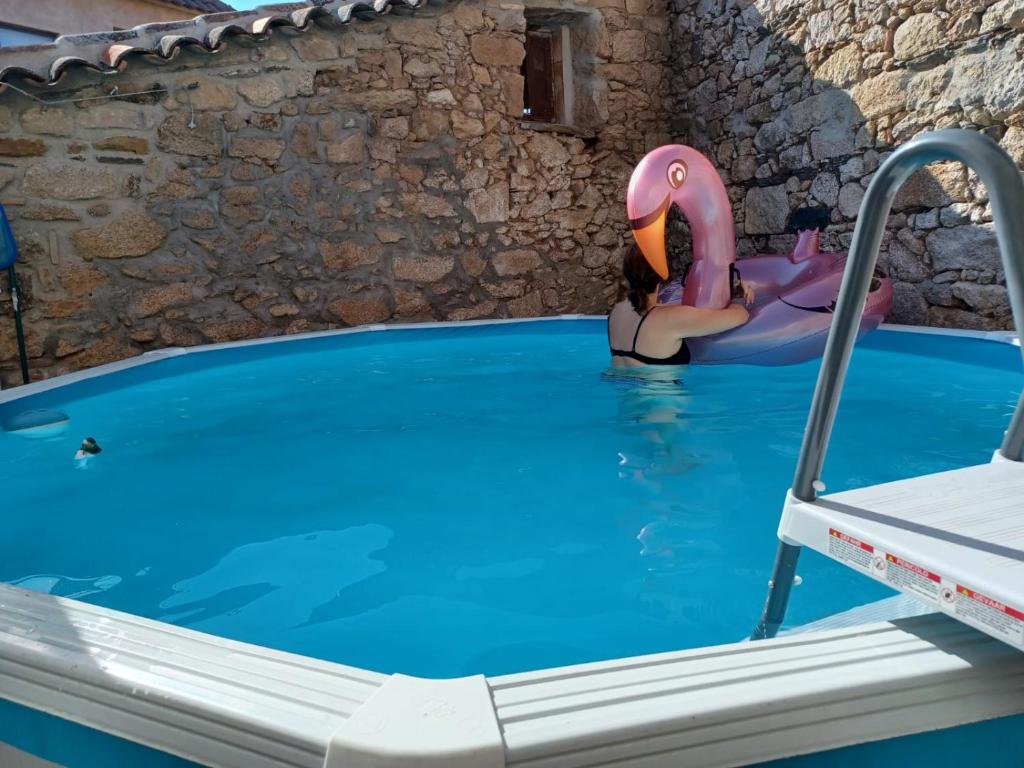 una mujer en un flamenco rosa en una piscina en El Canchal de Eladia, en Valdeverdeja