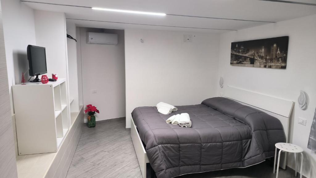 ein Schlafzimmer mit einem Bett in einem Zimmer mit einem TV in der Unterkunft B&B Vicolo50 Salerno in Salerno