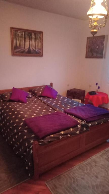 a bedroom with a large bed with purple pillows at Apartman Brzak in Zagreb