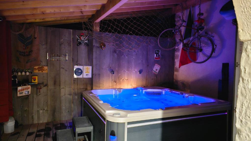uma banheira de hidromassagem num quarto com uma bicicleta na parede em Jacuzzi privé à 30km d'Annecy em Desingy