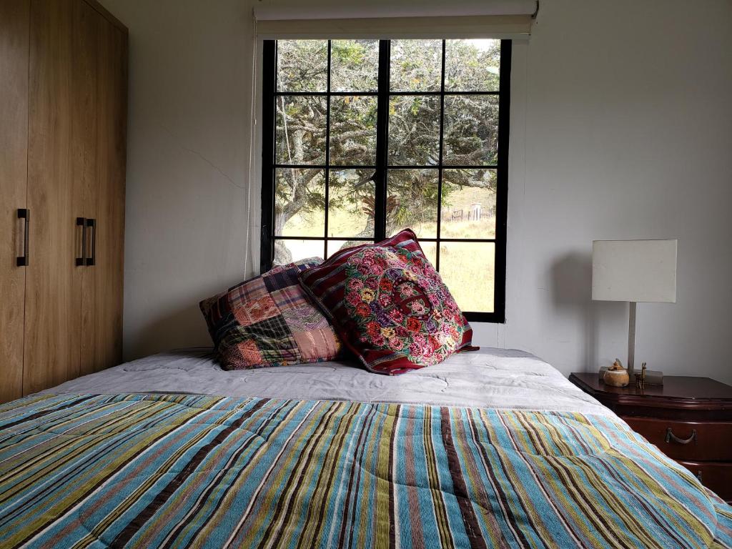 a bedroom with a bed with two pillows and a window at Casita del páramo Sarmora in La Calera