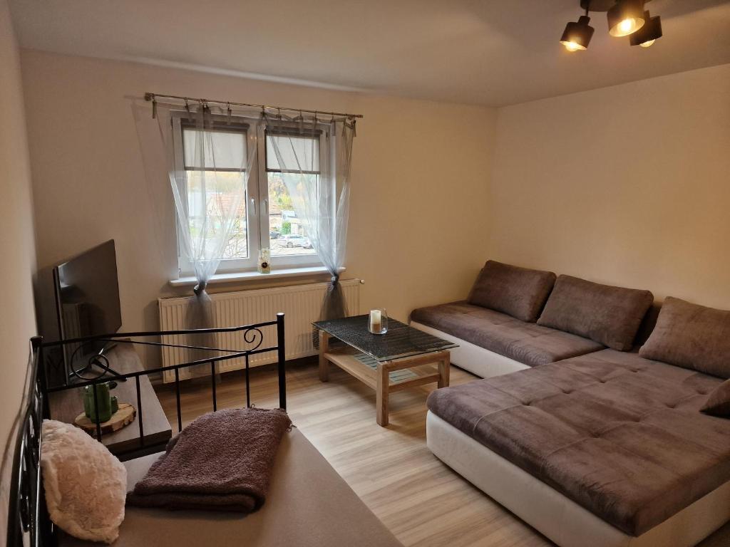 ein Wohnzimmer mit einem Sofa und einem Tisch in der Unterkunft Rodzinny apartament + siłownia in Bytom