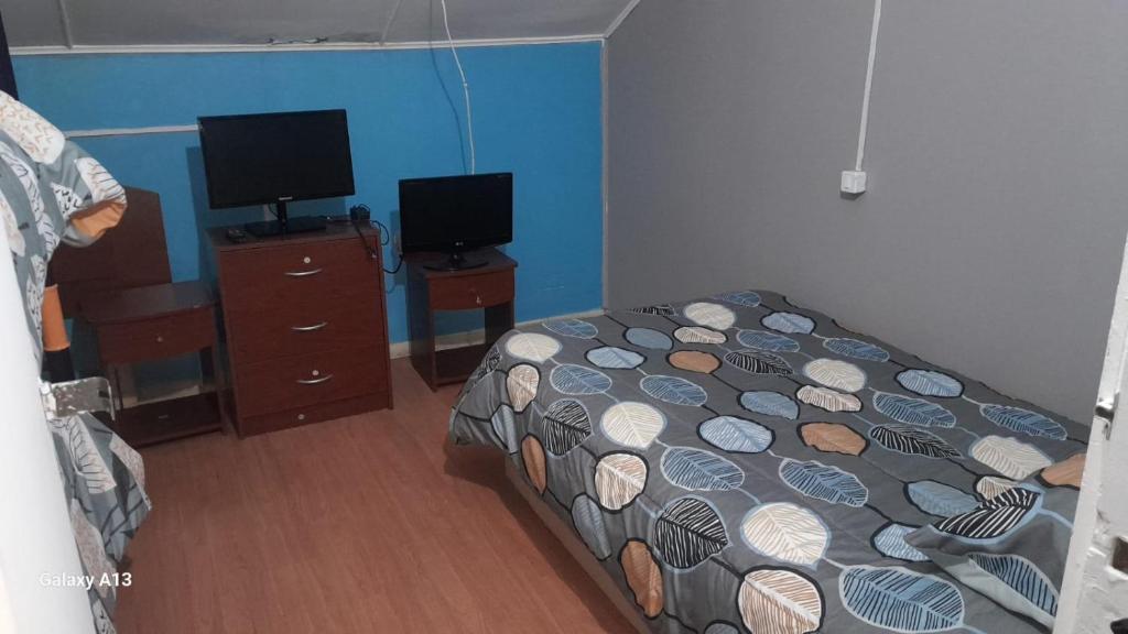 een slaapkamer met een bed en twee tv's bij hospedaje 12 de octubre in Coihaique