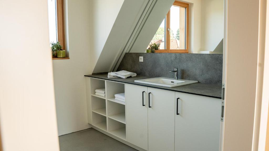 a bathroom with white cabinets and a sink at Öko-Neubau Ferienhaus - KOGELBUCH COMFORT in Nestelbach bei Graz