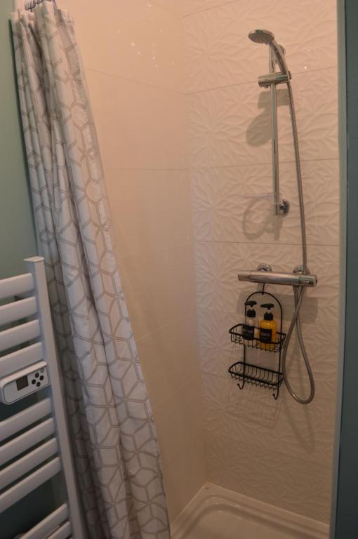 eine Dusche mit Duschvorhang im Bad in der Unterkunft Agréable studio lumineux pour escapade à deux ! 1 pièce avec salle de bain - 14m2 - Exterieur privatif - in Saint-Laurent-de-la-Salanque