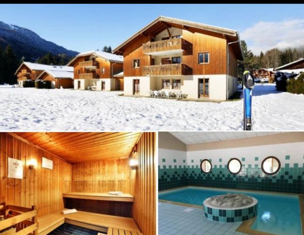 une maison avec une piscine dans la neige dans l'établissement Appartement résidence Montagne / ski Samoëns, à Samoëns