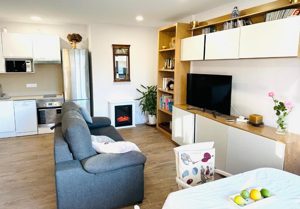 sala de estar con sofá azul y TV en ROSALES Apartamento y jardín en Oviedo