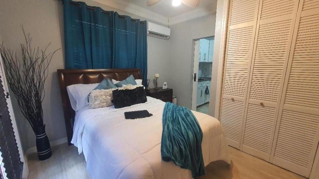 a bedroom with a large bed with blue curtains at Kozy Bahamas Getaway in Nassau