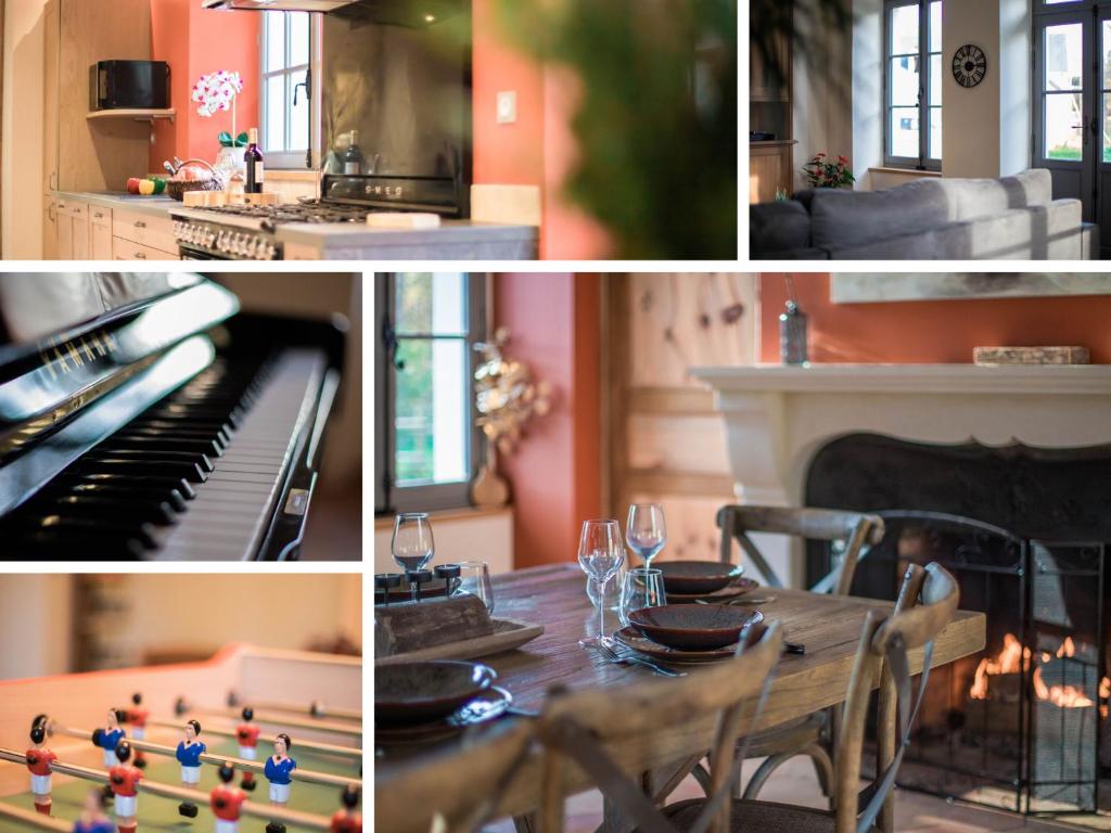 a collage of photos with a piano and a dining table at Luxe et tranquillité au vert: maison 6 chambres, piscine, proche du Mans, idéale familles et groupes - FR-1-410-361 in Parigné-lʼÉvêque