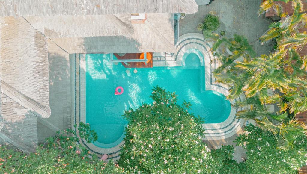vista sul tetto di una piscina in un cortile posteriore di BS Home a Kuta