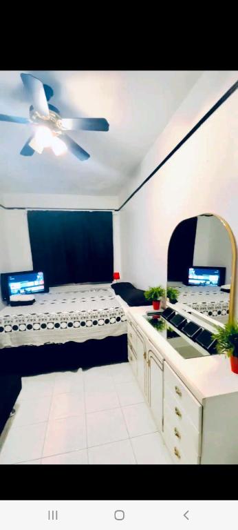 Habitación con cama y espejo. en LARGE ROOM WITH SOFA BED FOR TWO PEOPLE near Manhattan on train, en Woodside