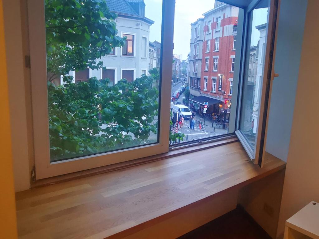 Cette chambre dispose de 2 grandes fenêtres et de parquet. dans l'établissement Appartement entier hypercentre Bruxelles immeuble art deco, à Bruxelles