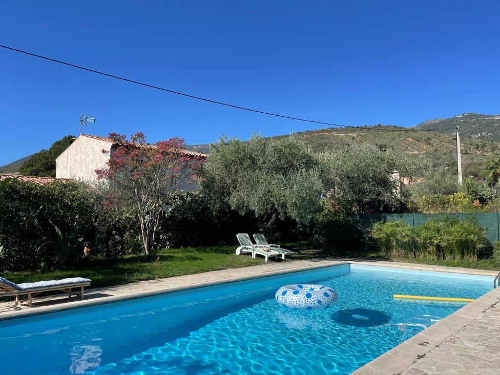 una piscina con una pelota en el agua en Bas de villa avec accès piscine près de Nice Cannes Monaco en Carros