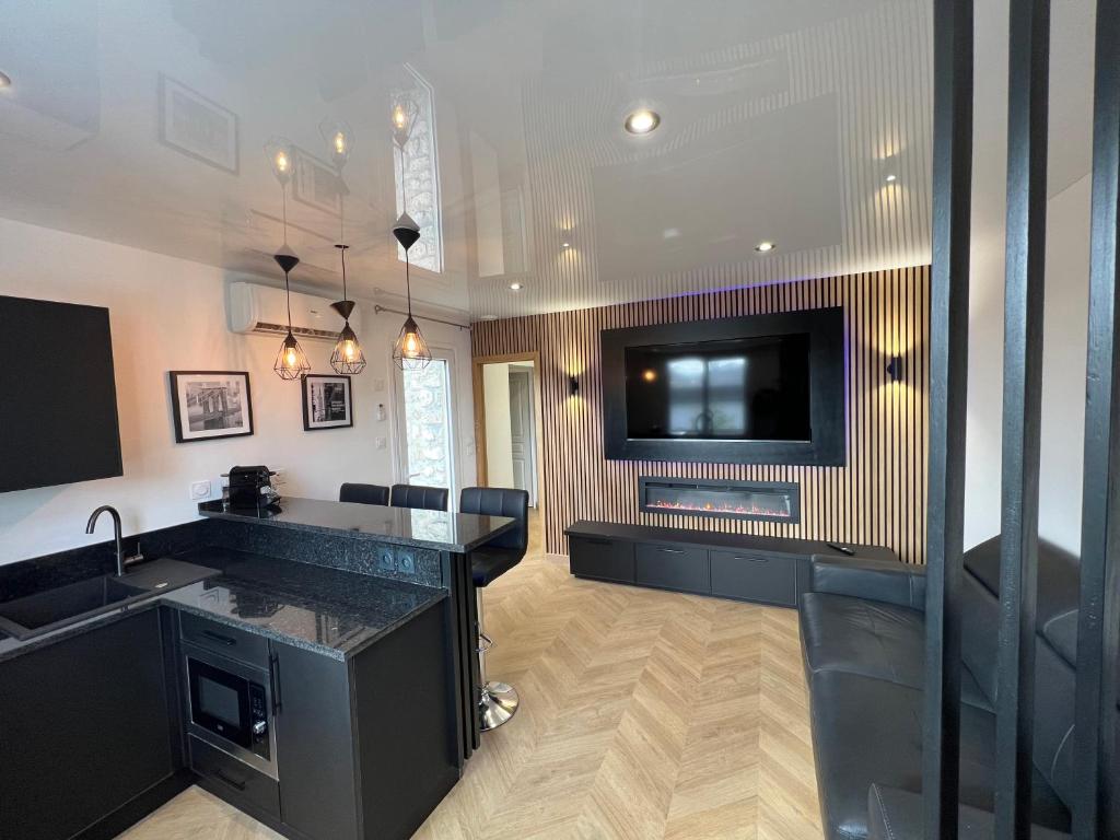 cocina con fregadero y TV en la pared en Appartement de luxe avec sauna pour 4 Personnes, en Triel-sur-Seine
