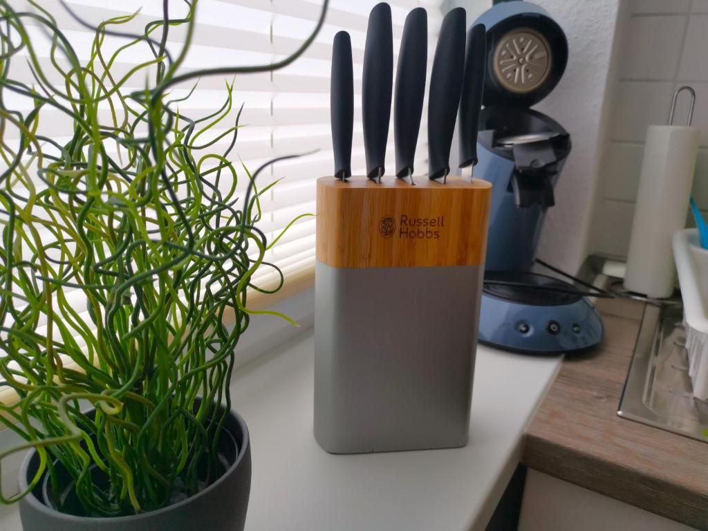 a knife block sitting on a counter with a plant at FeWo Robin in Bad Harzburg