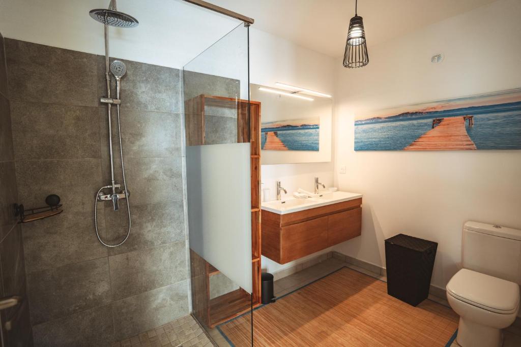 a bathroom with a shower and a sink at KozyKaz, notre villa cocooning avec piscine in Saint-Pierre