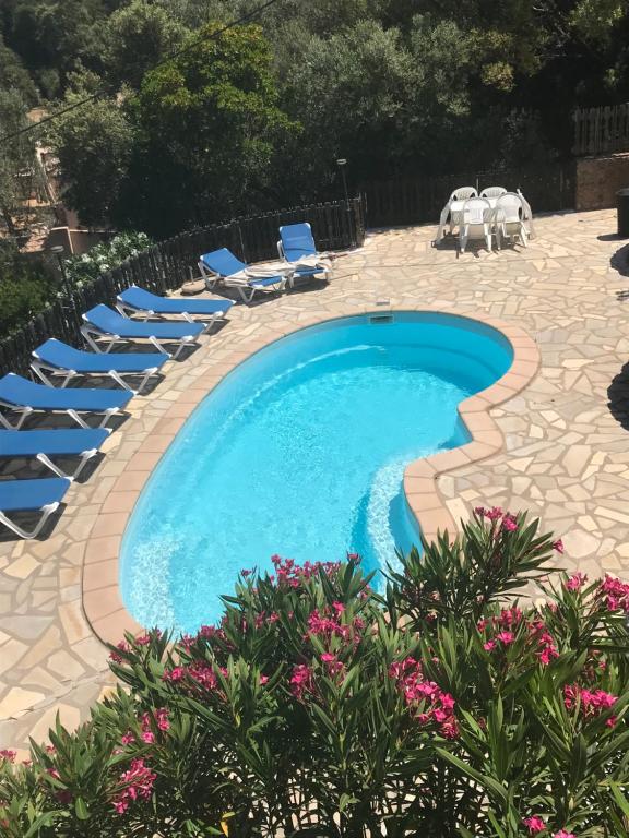 - une piscine avec des chaises longues dans la cour dans l'établissement Maison Le Guetali, à Zonza