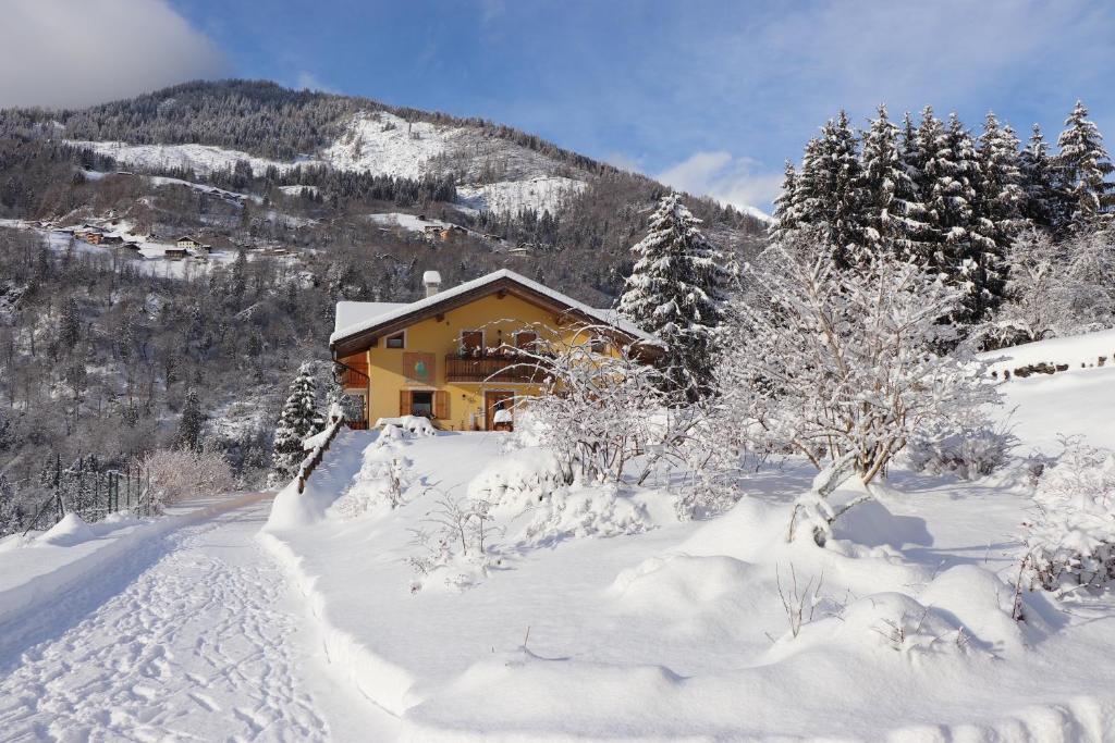 une maison recouverte de neige devant une montagne dans l'établissement Eco-Baita Natura Spensierata, à Canal San Bovo