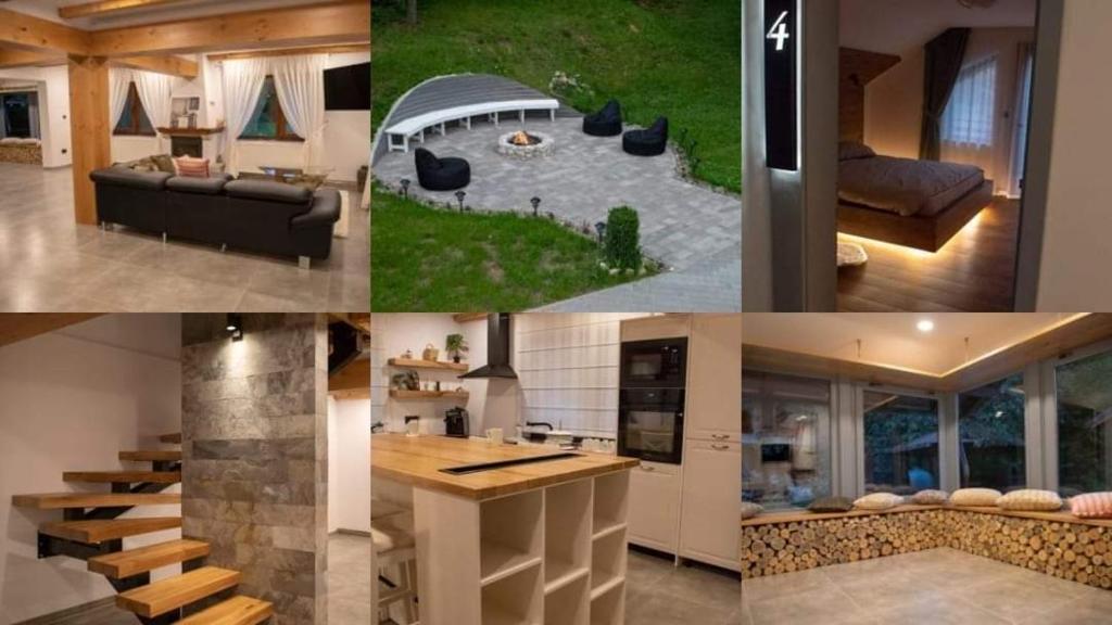 eine Collage mit Bildern einer Küche und einem Wohnzimmer in der Unterkunft Walthouse in Vulcan