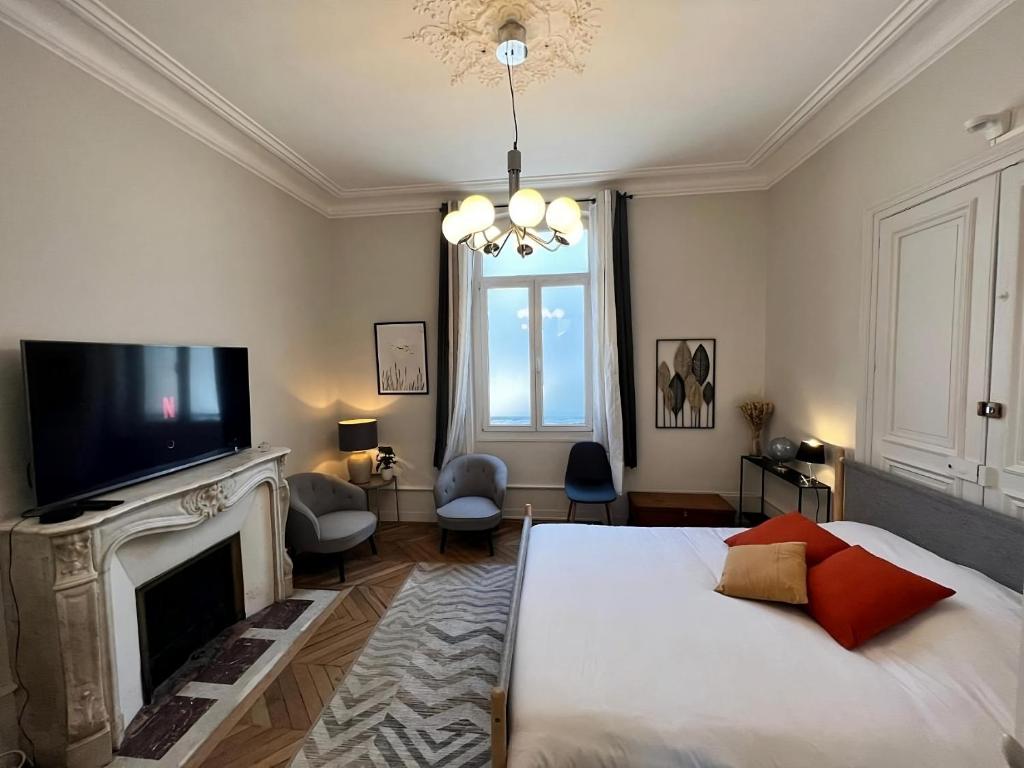 a bedroom with a bed and a tv and a fireplace at Le Nomade - Gare - 3 pers - Rêve au Mans in Le Mans