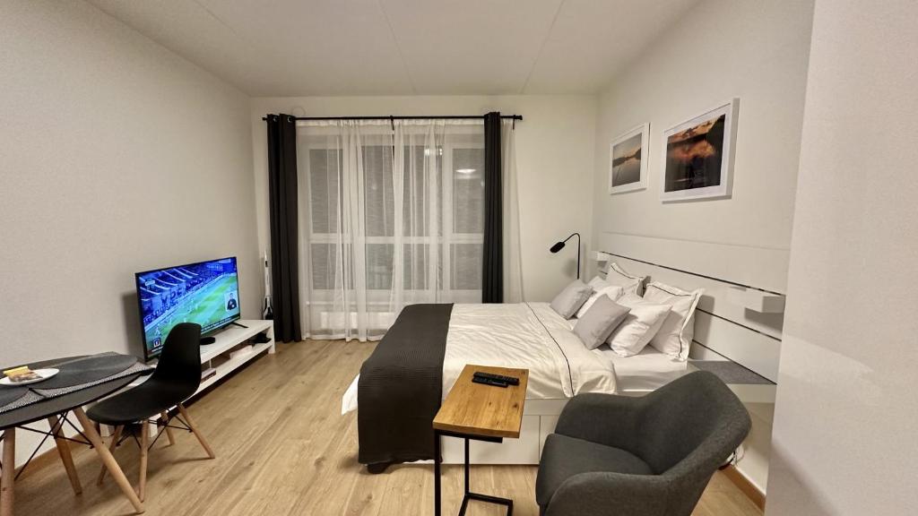um quarto com uma cama, uma secretária e uma televisão em Pearl - new and cosy apartment close to Center em Riga