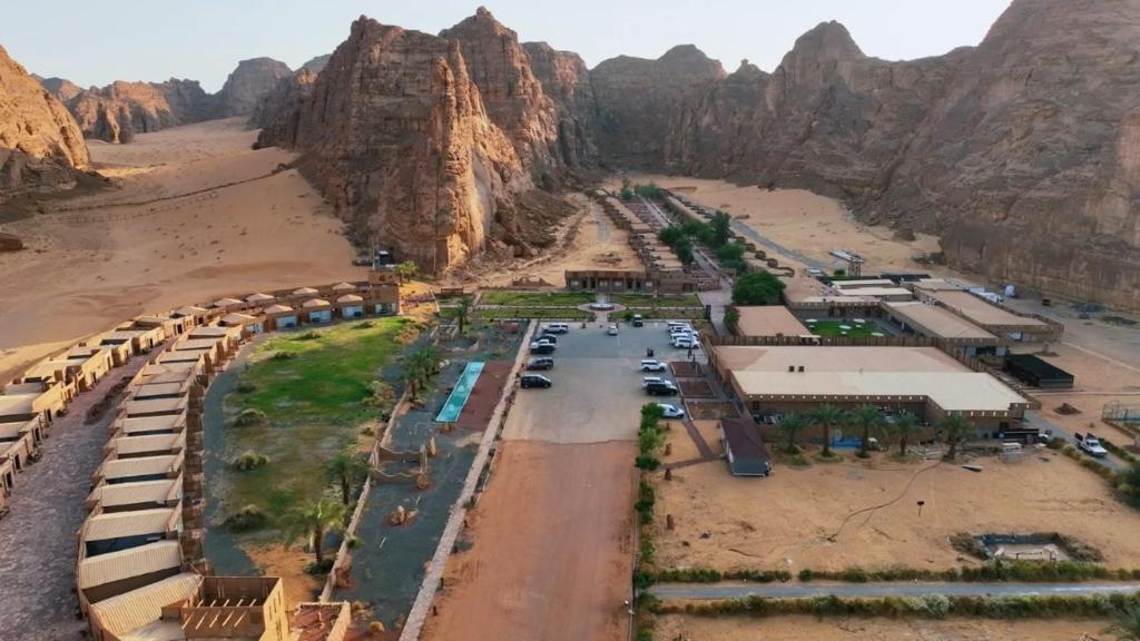 an aerial view of a village in the mountains at Sahary Al Ula Resort in AlUla