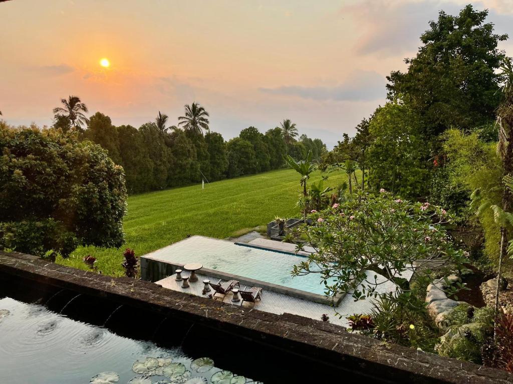 einen Pool in einem Garten neben einem Fluss in der Unterkunft The Sangkih Villa Restaurant & Bar in Munduk
