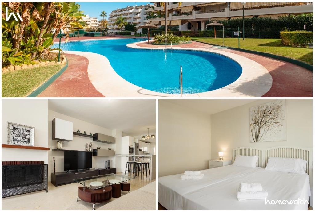 ein Hotelzimmer mit einem Pool und einem Schlafzimmer in der Unterkunft Apartment on the 1st line of golf and near the beach in Marbella in Marbella